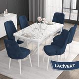 Canisa Concept Noa Serisi,80 x 132 cm Açılabilir Mdf Masa,beyaz Mermer Desen Mutfak Masa Takımı, 6 Sandalye Gümüş Halkalı - Lacivert