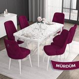 Canisa Concept Noa Serisi,80 x 132 cm Açılabilir Mdf Masa,beyaz Mermer Desen Mutfak Masa Takımı, 6 Sandalye Gümüş Halkalı - Mürdüm