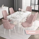Canisa Concept Noa Serisi,80 x 132 cm Açılabilir Mdf Masa,beyaz Mermer Desen Mutfak Masa Takımı, 6 Sandalye Gümüş Halkalı - Pembe