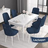 Canisa Concept Noa Serisi,80 x 132 cm Açılabilir Mdf Masa,beyaz Mutfak Masa Takımı,6 Sandalye Gümüş Halkalı - Lacivert
