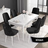 Canisa Concept Noa Serisi,80 x 132 cm Açılabilir Mdf Masa,beyaz Mutfak Masa Takımı,6 Sandalye Gümüş Halkalı - Siyah