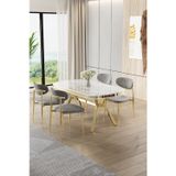 Canisa Concept Olya Serisi 90X168 Lak Panel Beyaz Mermer Desen Masa Takımı Gold Ayaklı 4 Gri Sandalye
