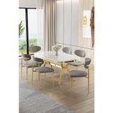 Canisa Concept Olya Serisi 90X168 Lak Panel Beyaz Mermer Desen Masa Takımı Gold Ayaklı 6 Gri Sandalye
