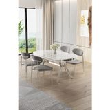 Canisa Concept Olya Serisi 90X168 Lak Panel Beyaz Mermer Desen Masa Takımı Krom Ayaklı 4 Gri Sandalye