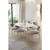 Canisa Concept Olya Serisi 90X168 Lak Panel Beyaz Mermer Desen Masa Takımı Krom Ayaklı 6 Gri Sandalye
