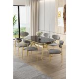 Canisa Concept Olya Serisi 90X168 Lak Panel Sonata Masa Takımı Gold Ayaklı 6 Gri Sandalye