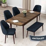 Canisa Concept Orf Serisi 80X132 Açılabilir Barok Ahşap Desen Mutfak Masası Takımı 4 Sandalye ve 1 Bench - Antrasit