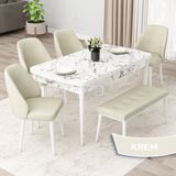 Canisa Concept Orf Serisi 80X132 Açılabilir Beyaz Mermer Desen Mutfak Masası Takımı 4 Sandalye ve 1 Bench - Krem