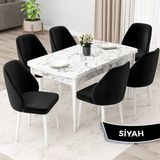 Canisa Concept Orf Serisi 80X132 Açılabilir Beyaz Mermer Desen Mutfak Masası Takımı ve 6 Sandalye - Siyah