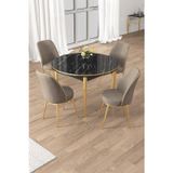 Canisa Concept Osle Serisi 90X90 Yuvarlak Siyah Mermer Desen Mutfak Masa Takımı 4 Cappucino Sandalye Gold Detay