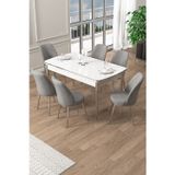 Canisa Concept Pale Serisi 80X132 Açılabilir Beyaz Mutfak Masa Takımı 6 Gri Sandalye Krom Detay