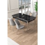 Canisa Concept Pale Serisi 80X132 Açılabilir Siyah Mermer Desen Mutfak Masa Takımı 4 Gri Sandalye Krom Detay