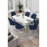 Canisa Concept Par Serisi 70 x 114 Cm, Açılabilir Mdf Mutfak Masa Takımı, Beyaz Masa ve 6 Sandalye - Lacivert