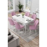 Canisa Concept Par Serisi 70 x 114 Cm, Açılabilir Mdf Mutfak Masa Takımı, Beyaz Masa ve 6 Sandalye - Pembe