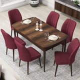 Canisa Concept Par Serisi 70X114, Açılabilir Mdf Mutfak Masa Takımı, Barok Ahşap Desen Masa ve 6 Sandalye - Bordo