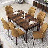 Canisa Concept Par Serisi 70X114, Açılabilir Mdf Mutfak Masa Takımı, Barok Ahşap Desen Masa ve 6 Sandalye - Cappuccino