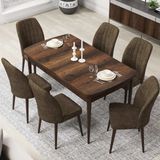 Canisa Concept Par Serisi 70X114, Açılabilir Mdf Mutfak Masa Takımı, Barok Ahşap Desen Masa ve 6 Sandalye - Kahverengi