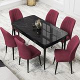 Canisa Concept Par Serisi 70X114, Açılabilir Mdf Mutfak Masa Takımı, Siyah Mermer Desen Masa ve 6 Sandalye - Bordo