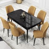 Canisa Concept Par Serisi 70X114, Açılabilir Mdf Mutfak Masa Takımı, Siyah Mermer Desen Masa ve 6 Sandalye - Cappuccino