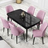 Canisa Concept Par Serisi 70X114, Açılabilir Mdf Mutfak Masa Takımı, Siyah Mermer Desen Masa ve 6 Sandalye - Pembe