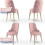 Canisa Concept Pare Serisi Babyface Ithal Kumaş 4 Sandalye Doğal Ahşap Ayak Gold Halkalı - Pembe - Ayak Doğal Ahşap Kafes Beyaz