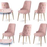 Canisa Concept Pare Serisi Babyface Ithal Kumaş 6 Sandalye Doğal Ahşap Ayak Gold Halkalı - Pembe - Doğal Ahşap Beyaz Kafes