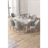 Canisa Concept Pem Serisi 90X160 Lak Panel Beyaz Mermer Desen Krom Ayak Masa Takımı 6 Gri Sandalye