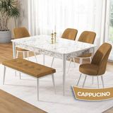 Canisa Concept Pir Serisi 80X130 Sabit Beyaz Mermer Desen Mutfak Masa Takımı ve 4 Sandalye 1 Bench - Cappucino