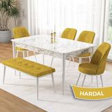 Canisa Concept Pir Serisi 80X130 Sabit Beyaz Mermer Desen Mutfak Masa Takımı ve 4 Sandalye 1 Bench - Hardal