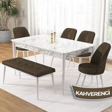 Canisa Concept Pir Serisi 80X130 Sabit Beyaz Mermer Desen Mutfak Masa Takımı ve 4 Sandalye 1 Bench - Kahverengi
