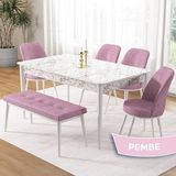Canisa Concept Pir Serisi 80X130 Sabit Beyaz Mermer Desen Mutfak Masa Takımı ve 4 Sandalye 1 Bench - Pembe