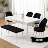 Canisa Concept Pir Serisi 80X130 Sabit Beyaz Mermer Desen Mutfak Masa Takımı ve 4 Sandalye 1 Bench - Siyah