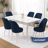 Canisa Concept Pir Serisi 80X130 Sabit Beyaz Mermer Desen Mutfak Masa Takımı ve 6 Sandalye - Lacivert