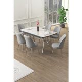 Canisa Concept Poy Serisi 89X150 Açılabilir Lak Panel Beyaz Mermer Desen Masa Takımı 6 Gri Sandalye