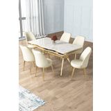 Canisa Concept Prah Serisi 90x160 Lak Panel Beyaz Mermer Desen Gold Ayak Masa Takımı 6 Krem Sandalye