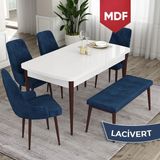 Canisa Concept Ram Serisi 80 x 132 cm Mutfak Masa Takımı Beyaz Masa Kahverengi Ayak 4 Sandalye 1 Bench - 80x132 - Lacivert