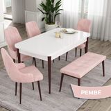 Canisa Concept Ram Serisi 80 x 132 cm Mutfak Masa Takımı Beyaz Masa Kahverengi Ayak 4 Sandalye 1 Bench - 80x132 - Pembe