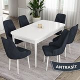 Canisa Concept Ram Serisi, 80X132 Açılabilir Beyaz Yemek Masası Takımı, 6 Babyface Kumaş Sandalye - 80 x 132 cm - Antrasit