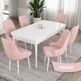 Canisa Concept Ram Serisi 80X132 Açılabilir Beyaz Yemek Masası Takımı 6 Babyface Kumaş Sandalye - Pembe