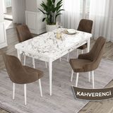 Canisa Concept Ram Serisi 80X132 Açılabilir Yemek Masası Takımı Beyaz Mermer Desen Masa 4 Babyface Kumaş Sandalye - Kahverengi