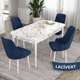 Canisa Concept Ram Serisi 80X132 Açılabilir Yemek Masası Takımı Beyaz Mermer Desen Masa 4 Babyface Kumaş Sandalye - Lacivert