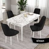 Canisa Concept Ram Serisi 80X132 Açılabilir Yemek Masası Takımı Beyaz Mermer Desen Masa 4 Babyface Kumaş Sandalye - Siyah