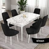 Canisa Concept Ram Serisi, 80X132 Açılabilir Yemek Masası Takımı, Beyaz Mermer Desen Masa, 6 Babyface Kumaş Sandalye - 80 x 132 cm - Siyah