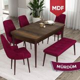Canisa Concept Ram Serisi MDF 80 x 132 cm Mutfak Masa Takımı Barok Ahşap Desen Masa 4 Sandalye ve 1 Bench - 80x132 - Mürdüm
