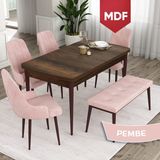 Canisa Concept Ram Serisi MDF 80 x 132 cm Mutfak Masa Takımı Barok Ahşap Desen Masa 4 Sandalye ve 1 Bench - Pembe - 80x132