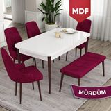 Canisa Concept Ram Serisi MDF 80 x 132 cm Mutfak Masa Takımı Beyaz Masa Kahverengi Ayak 4 Sandalye 1 Bench - 80x132 - Mürdüm