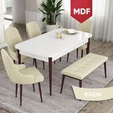 Canisa Concept Ram Serisi MDF 80 x 132 cm Mutfak Masa Takımı Beyaz Masa Kahverengi Ayak 4 Sandalye 1 Bench - Krem - 80x132