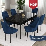 Canisa Concept Ram Serisi MDF 80X132 Açılabilir Siyah Mermer Desen Yemek Masası Takımı, 6 Babyface Kumaş Sandalye - Lacivert - 80 x 132 cm