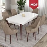 Canisa Concept Ram Serisi MDF 80X132 Açılabilir Yemek Masası Takımı Beyaz Masa Kahverengi Ayak 6 Sandalye - Cappucino