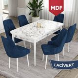 Canisa Concept Ram Serisi, MDF 80X132 Açılabilir Yemek Masası Takımı, Beyaz Mermer Desen Masa, 6 Babyface Kumaş Sandalye - Lacivert - 80 x 132 cm